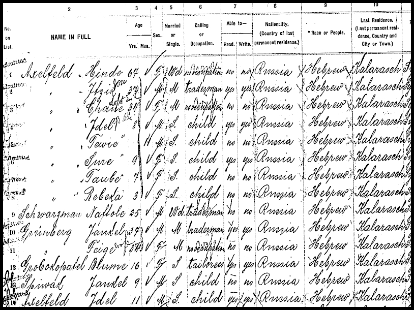 Kalarash Immigrants Jan 15 1907 - details